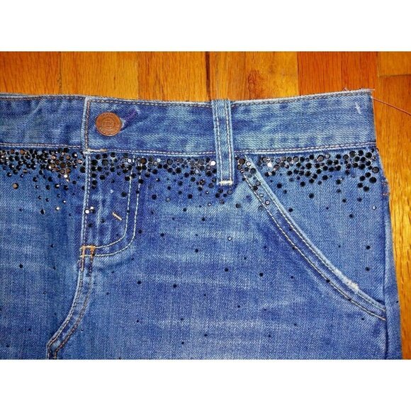 Denim Mini Skirt embellished rhinestones WAIST 30" POCKETS X2 blue frayed hem - Picture 4 of 8